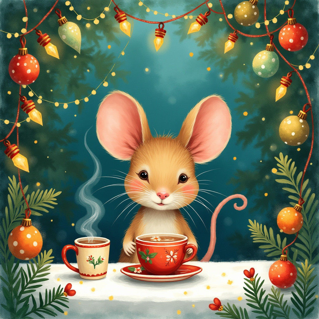 Festive Mouse Holiday Scene in Watercolor Style