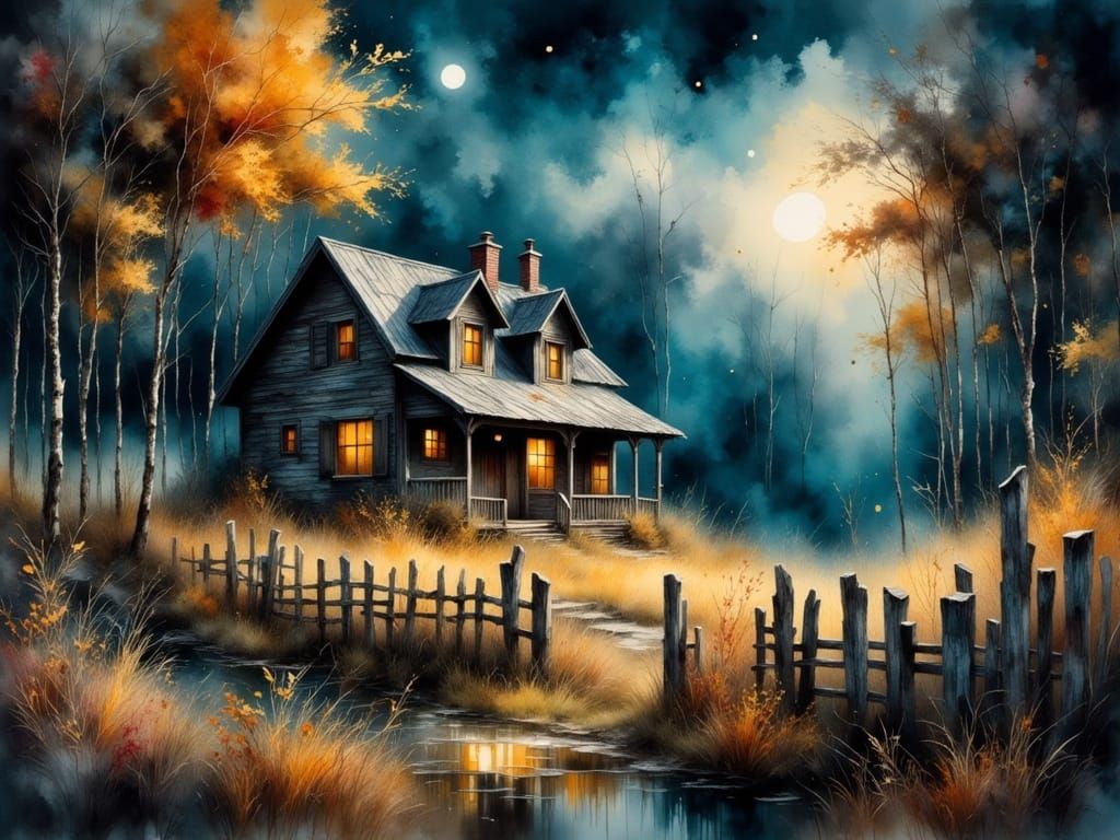 Mystical Nocturnal Cabin Scene in Watercolor Impasto Style