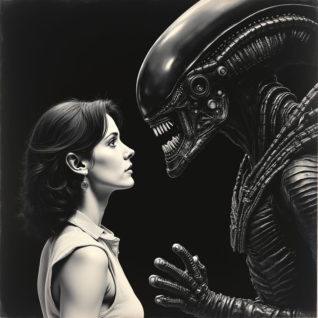 Retro Chalk Drawing: Sigourney Weaver Confronts Xenomorph