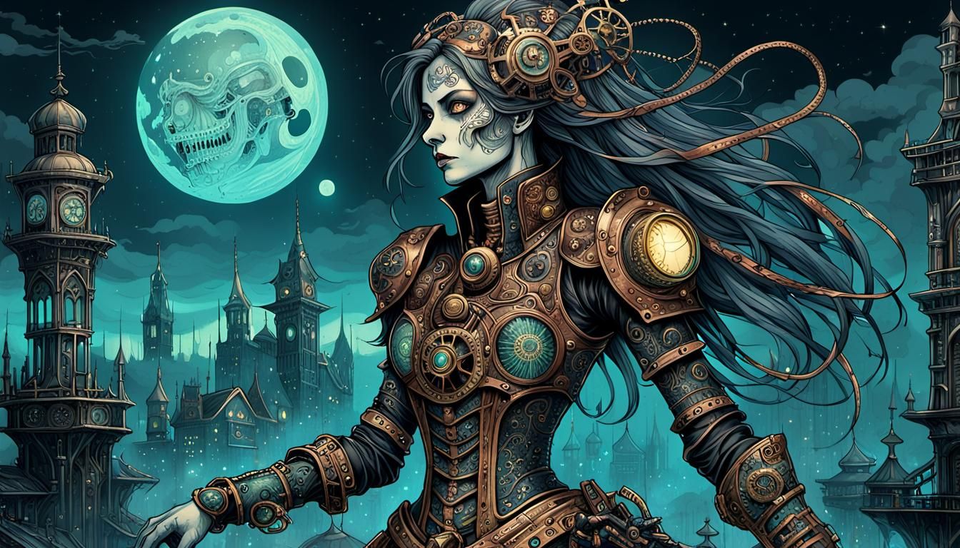 Steampunk Banshee Protecting Mag Mell in Clockwork Armor