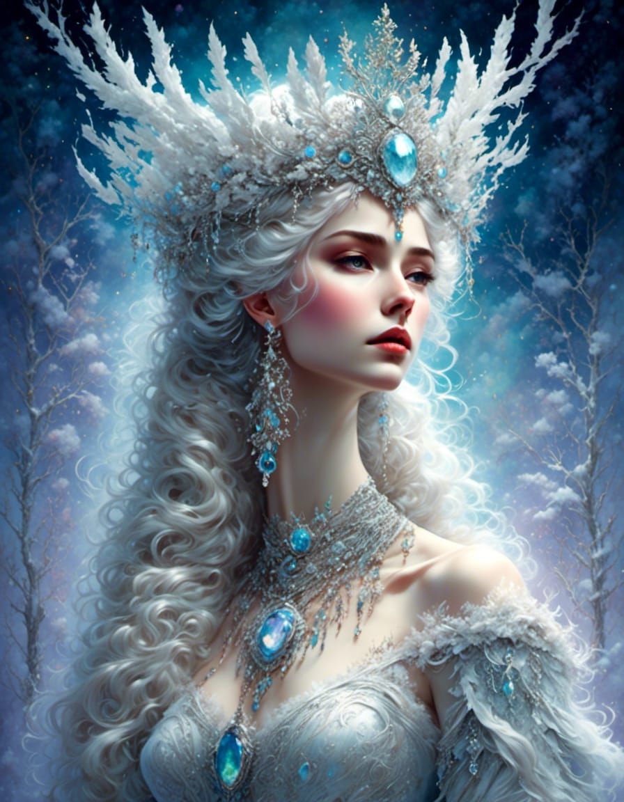 Fierce Snow Goddess Portrait with Aurora Accents