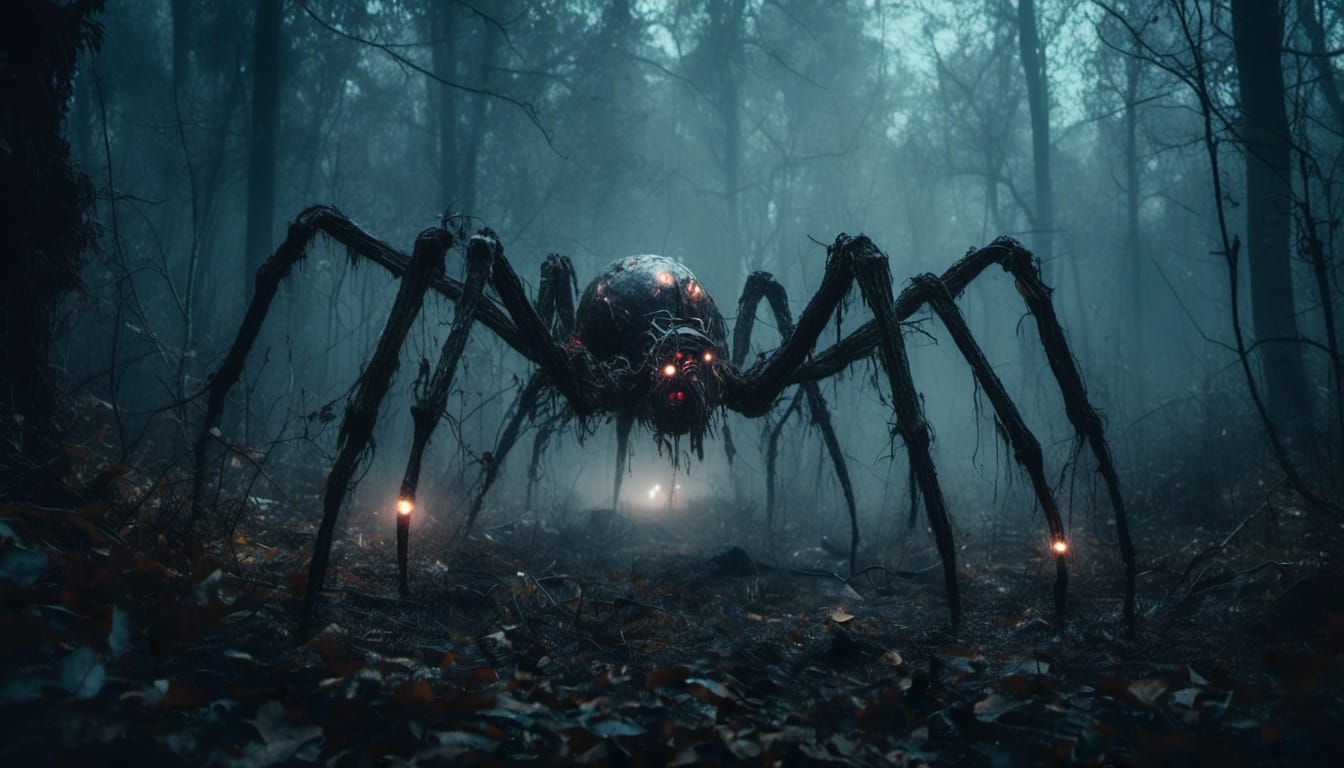 Robotic Spider Crawls Through Misty Forest