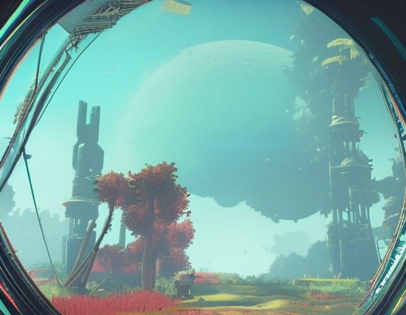 Vibrant Landscape with Haunting Relics in Ray Tracing