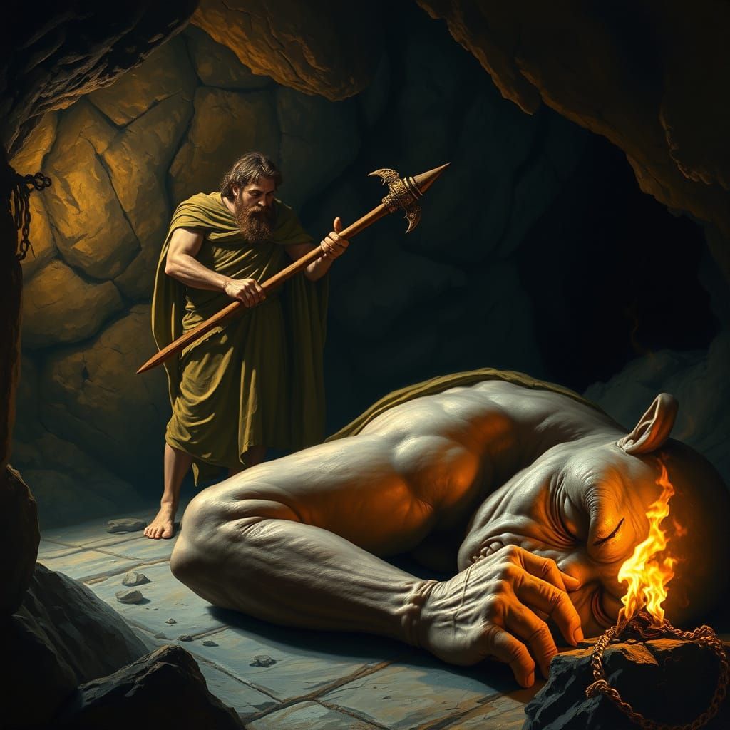 Odysseus Confronts Cyclops Polyphemus in Ancient Greek Trage...