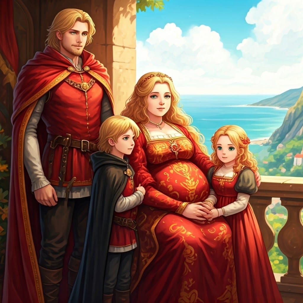 Medieval Noble Family Basks in Sunlit Sea Landscape