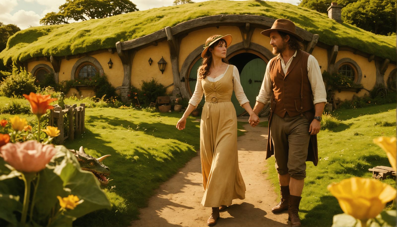 Muscular Hobbit and Wife with Pet Dragon