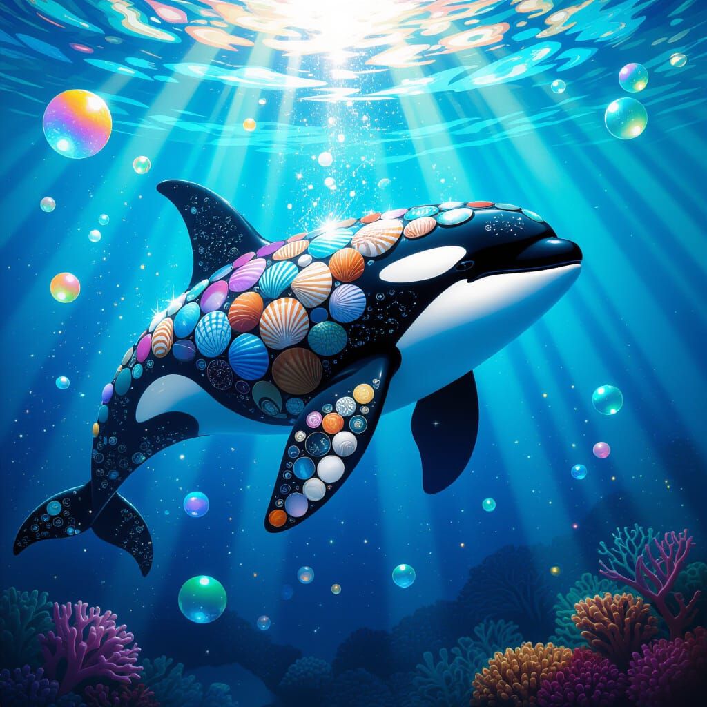 Orca Made of Shells in Holographic Illustration