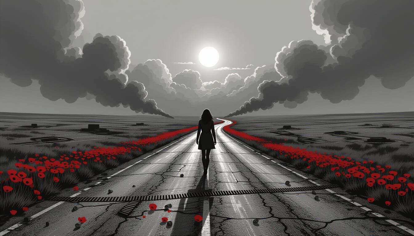 Desolate Road with Poppies in Black and White