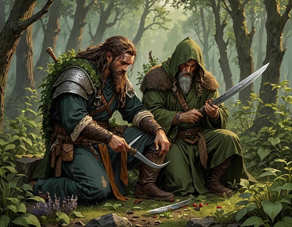 Druid Harvesting Herbs to Aid Wounded Comrade