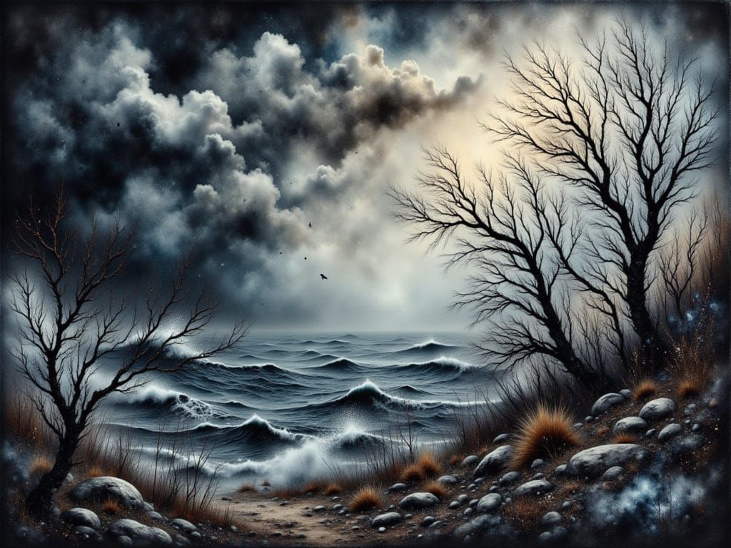 Dark Watercolor Storm with Dead Trees and Lace Sea