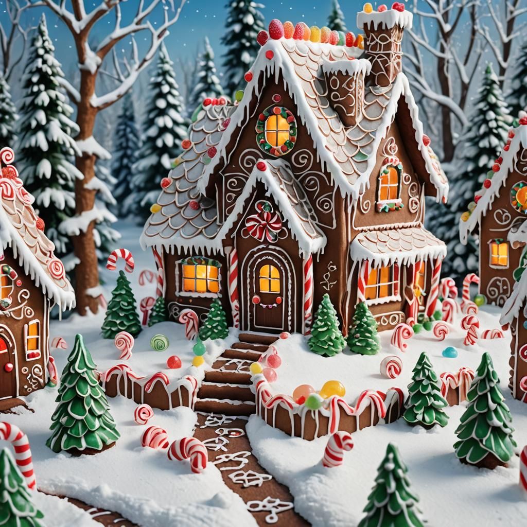 Detailed Gingerbread House in Winter Wonderland