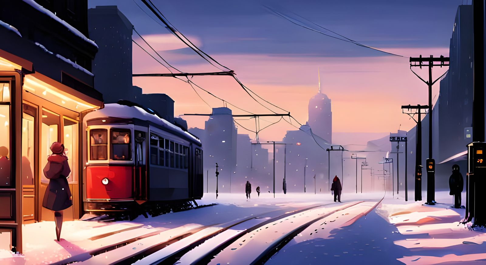 Snowy Winter Tram Stop in Anime Style