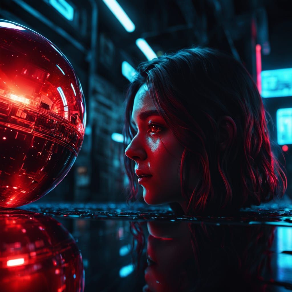 A Glimmering Red Sphere Reflects a Mysterious Woman in a Neo...