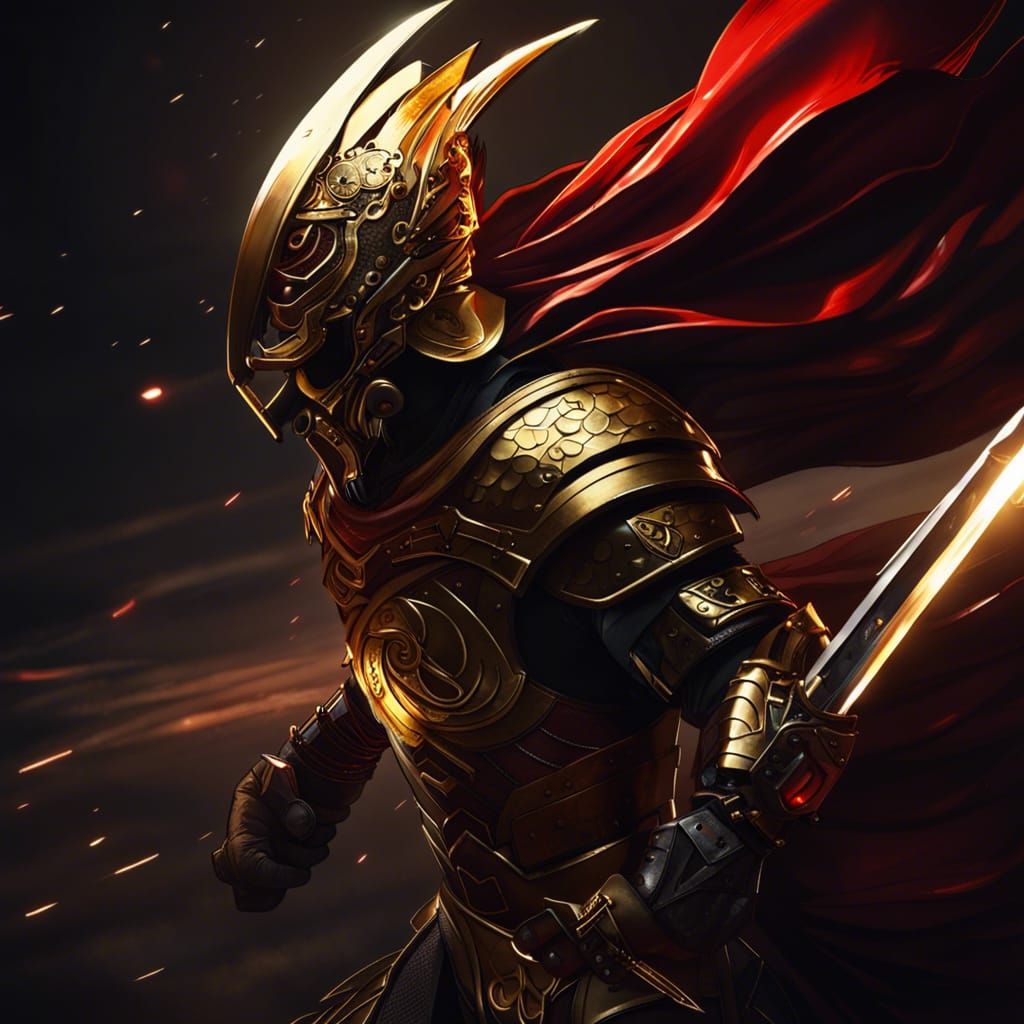 Golden Armored Warrior Amidst Wind, Fantasy Art