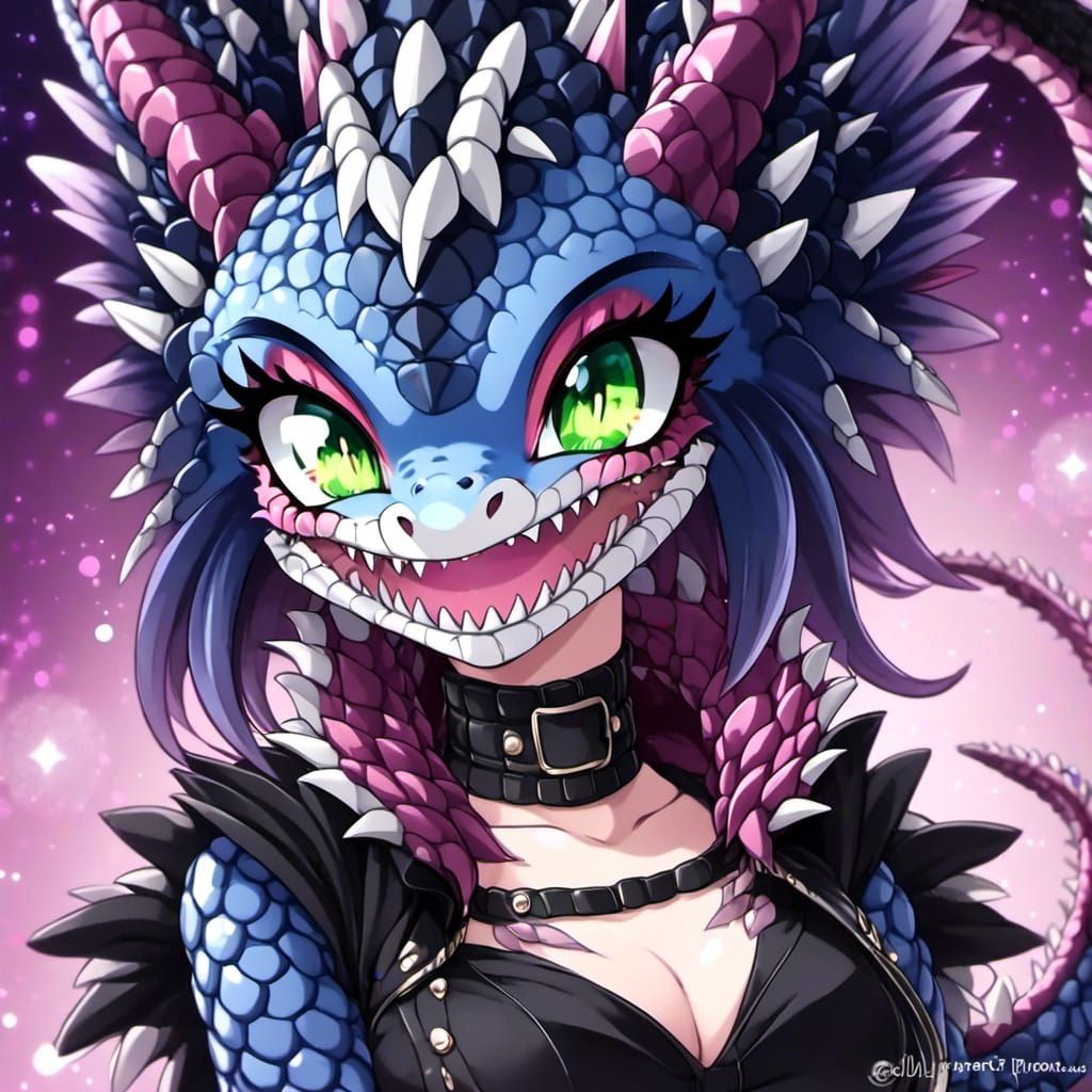 Lizardgirl with Indigo Scales and Glittery Background