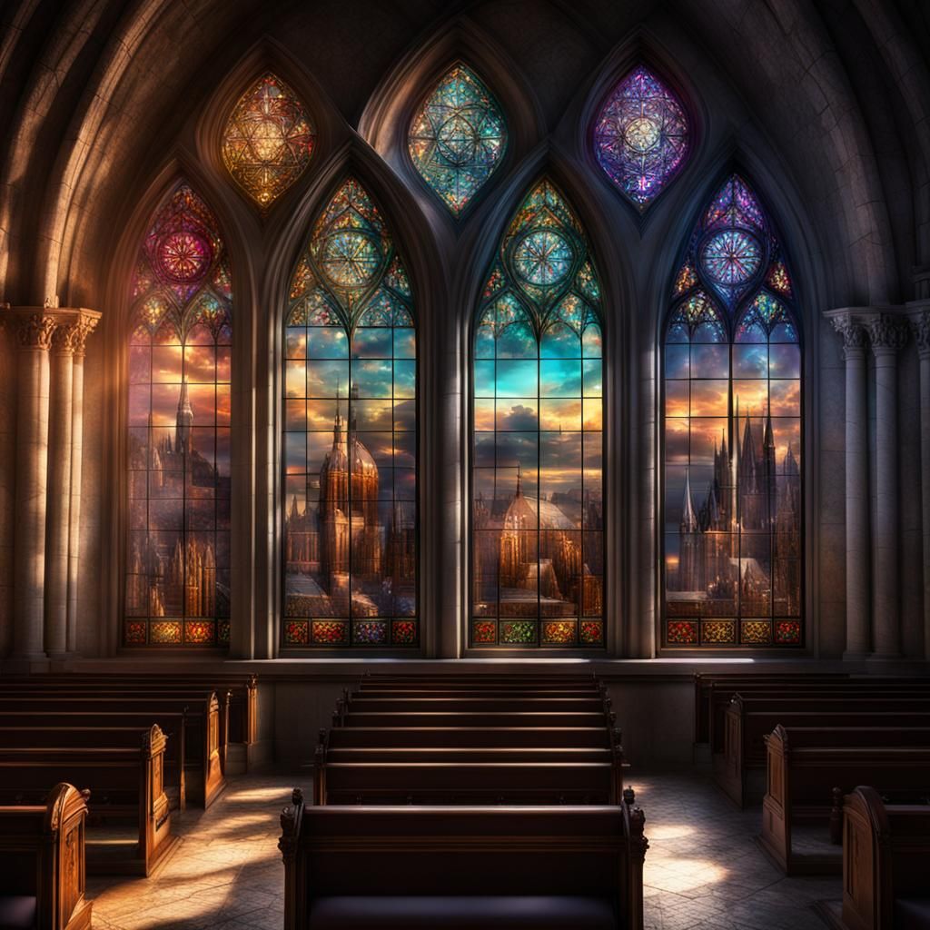 Epic Gothic Window with Vibrant Glass Artwork