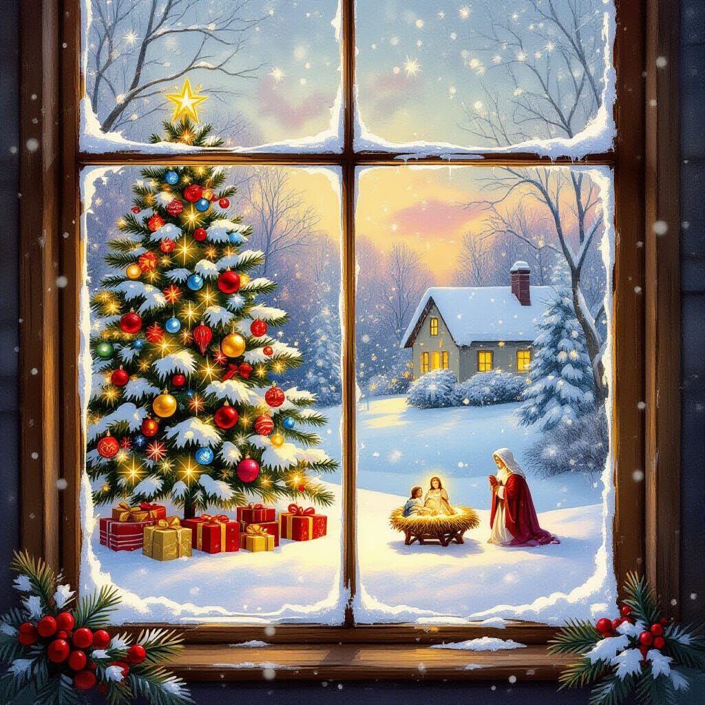 Cozy Christmas Window View with Falling Snow