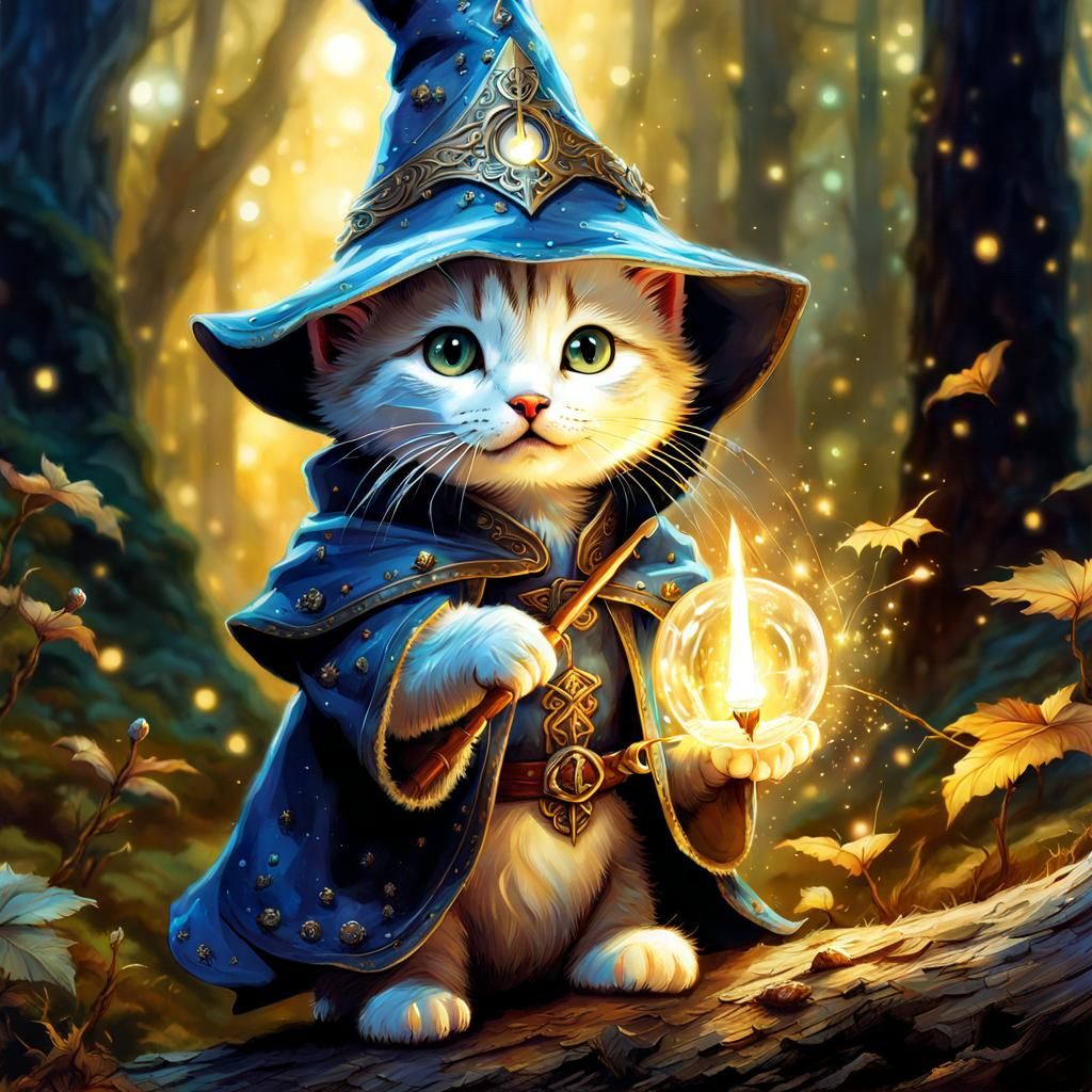 Enchanted Wizard Kitten Casting Spell in Forest