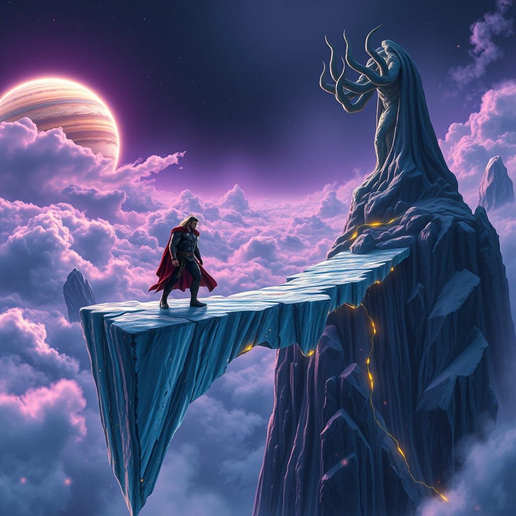 Thor on Icy Neptune Bridge with Massive Venom Statue