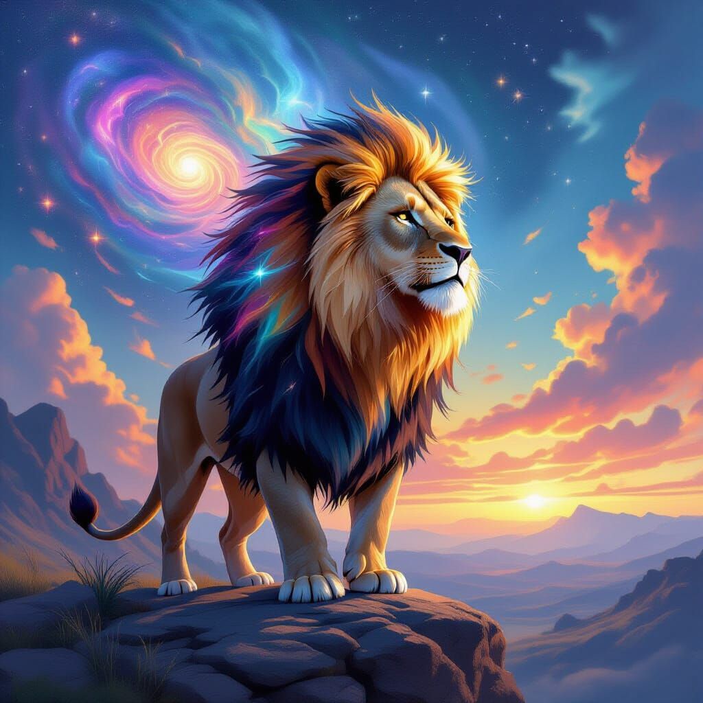 Cosmic Lion: Galaxy Mane in Surreal Landscape