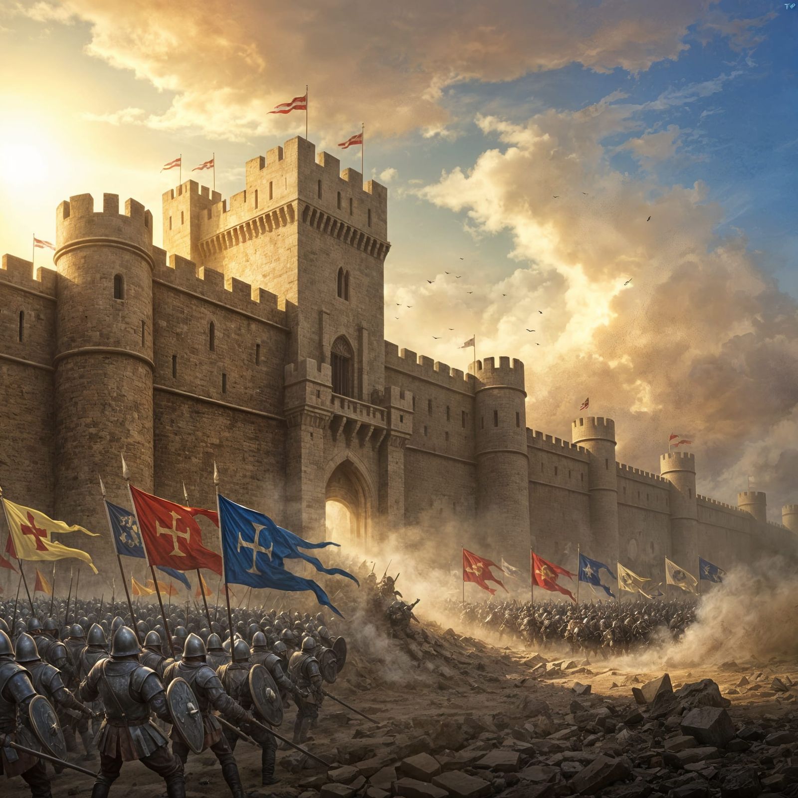 Epic Renaissance Painting of Medieval Siege on Stone Castle