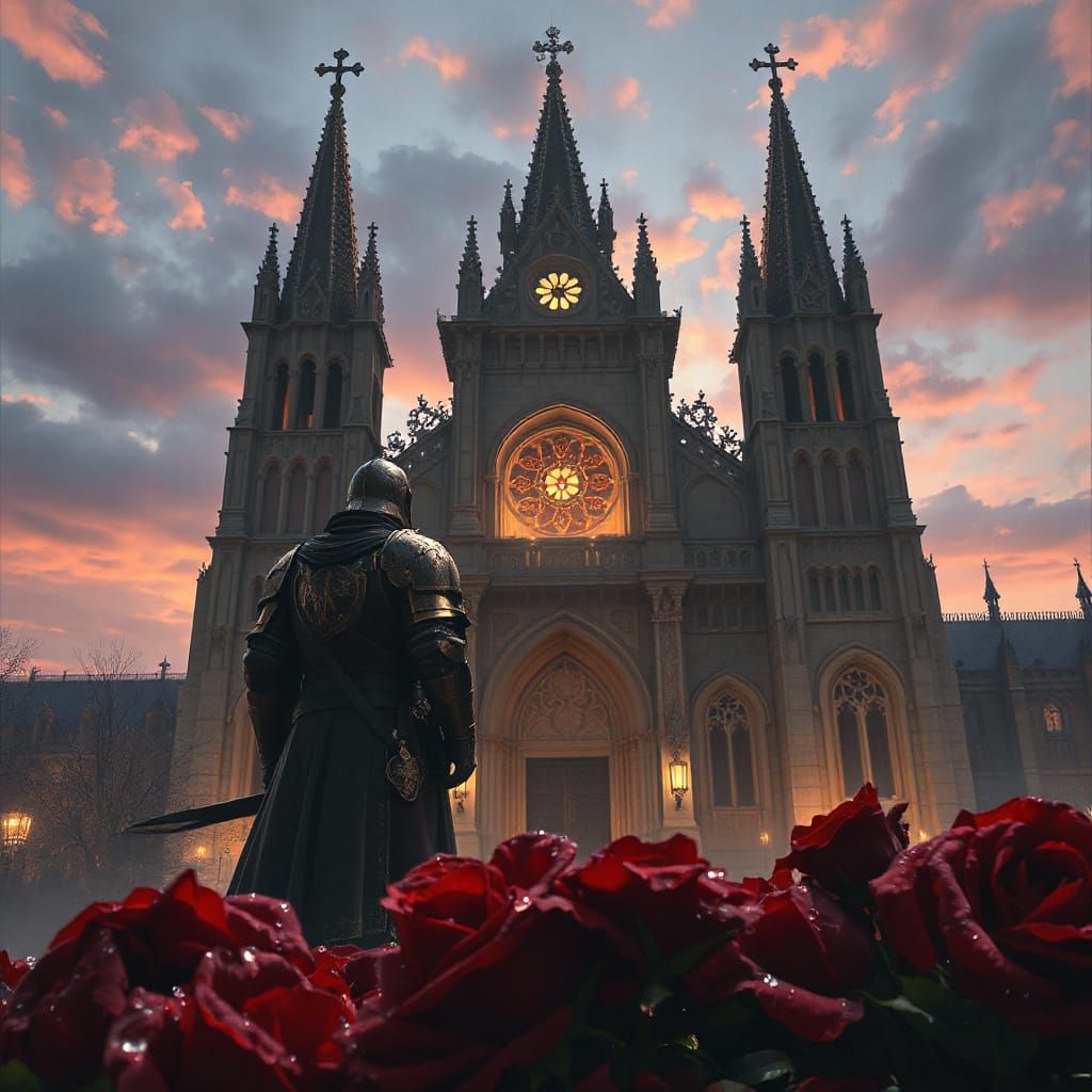 Knight Before Rose Cathedral at Twilight