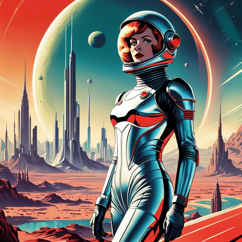 Retro-Futuristic Martian Woman in Spacesuit