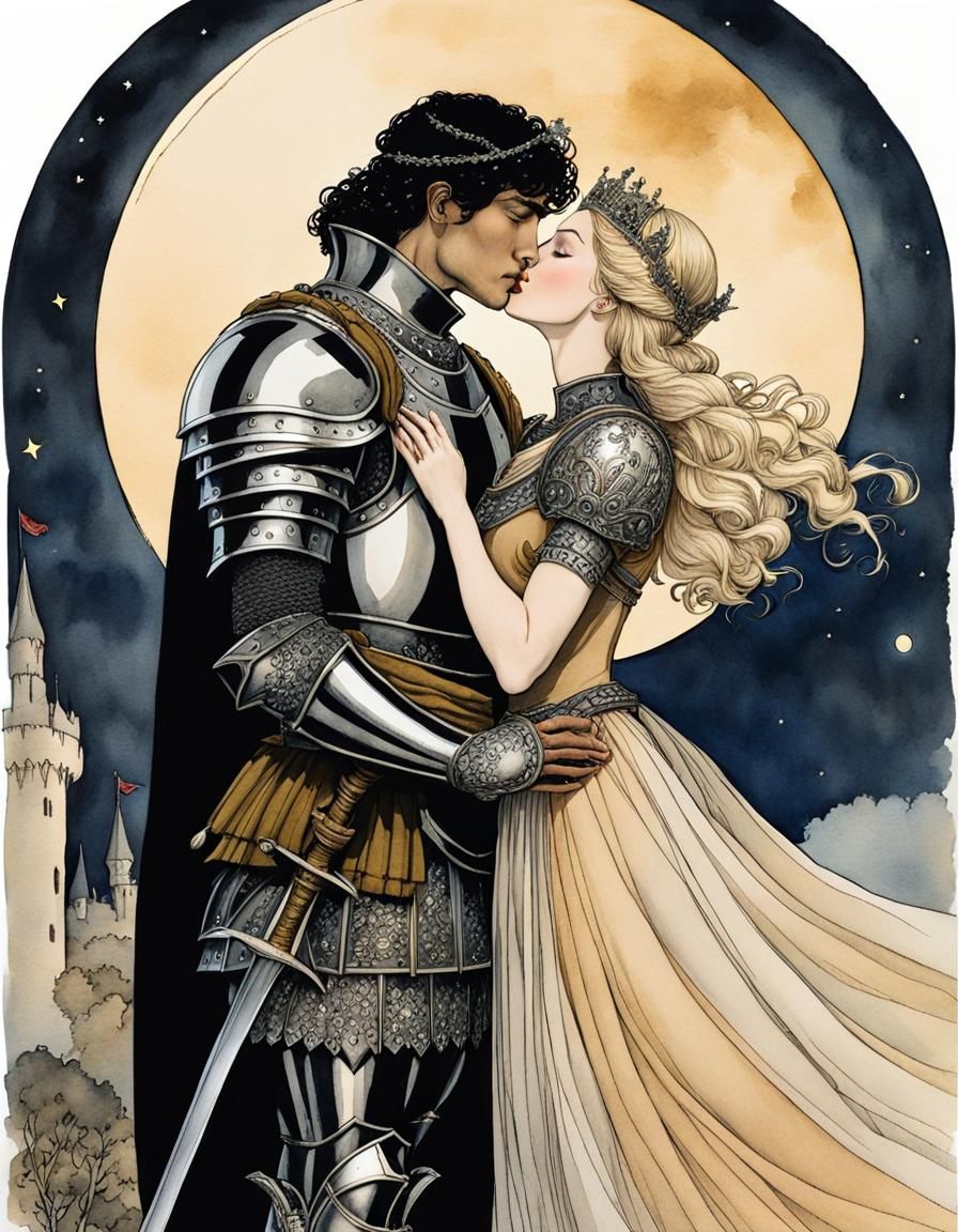 Princess and Knight Kiss Under Moonlight: Fairy Tale Art