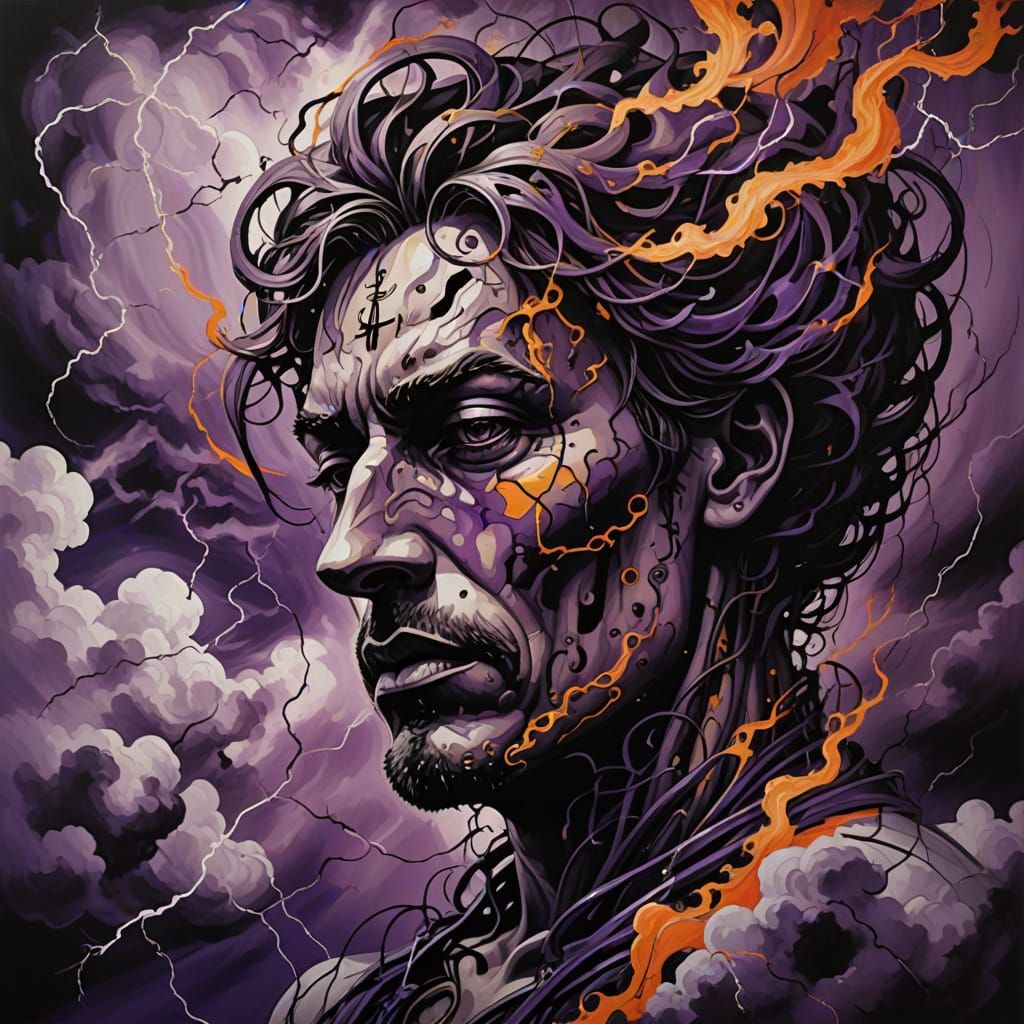 Surreal Figure in Ink Clouds with Shattered Clocks