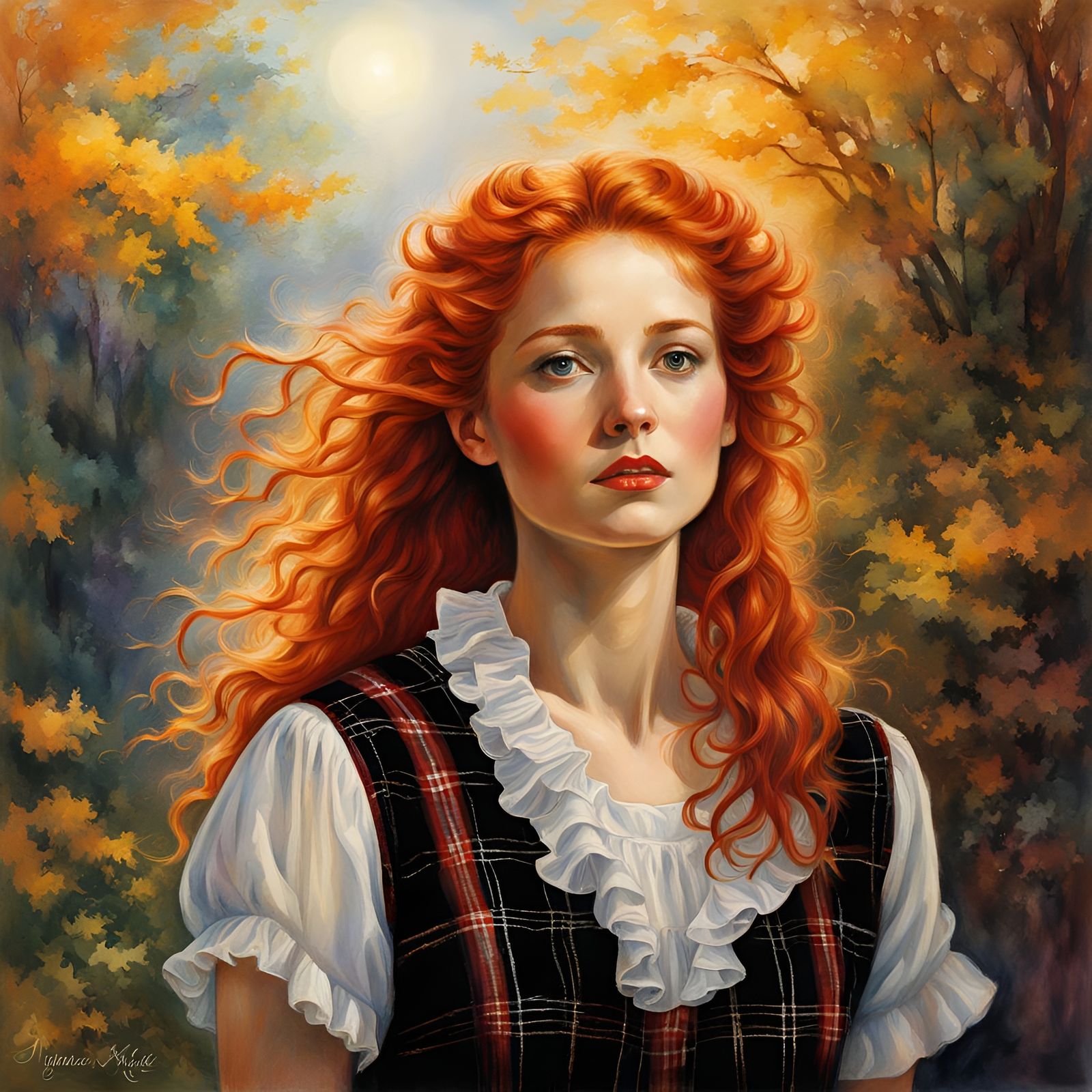 Radiant Redhead in Plaid: Watercolor Illustration