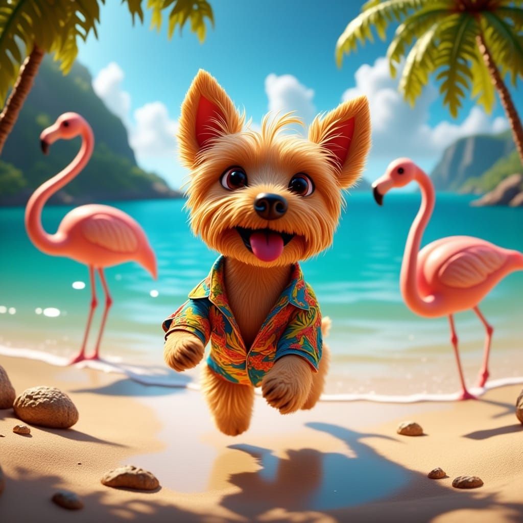Yorkie in Hawaiian Shirt: 3D Diorama on Beach