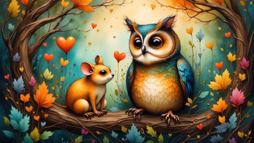 Cute Owl and Mouse Cuddled in Tree, Cartoony Style