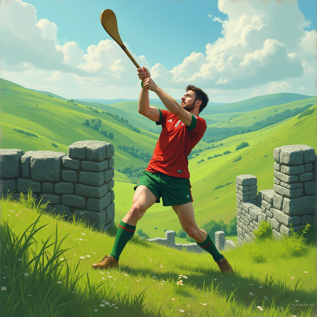 Hurling Player in Emerald Irish Landscape, Illustration