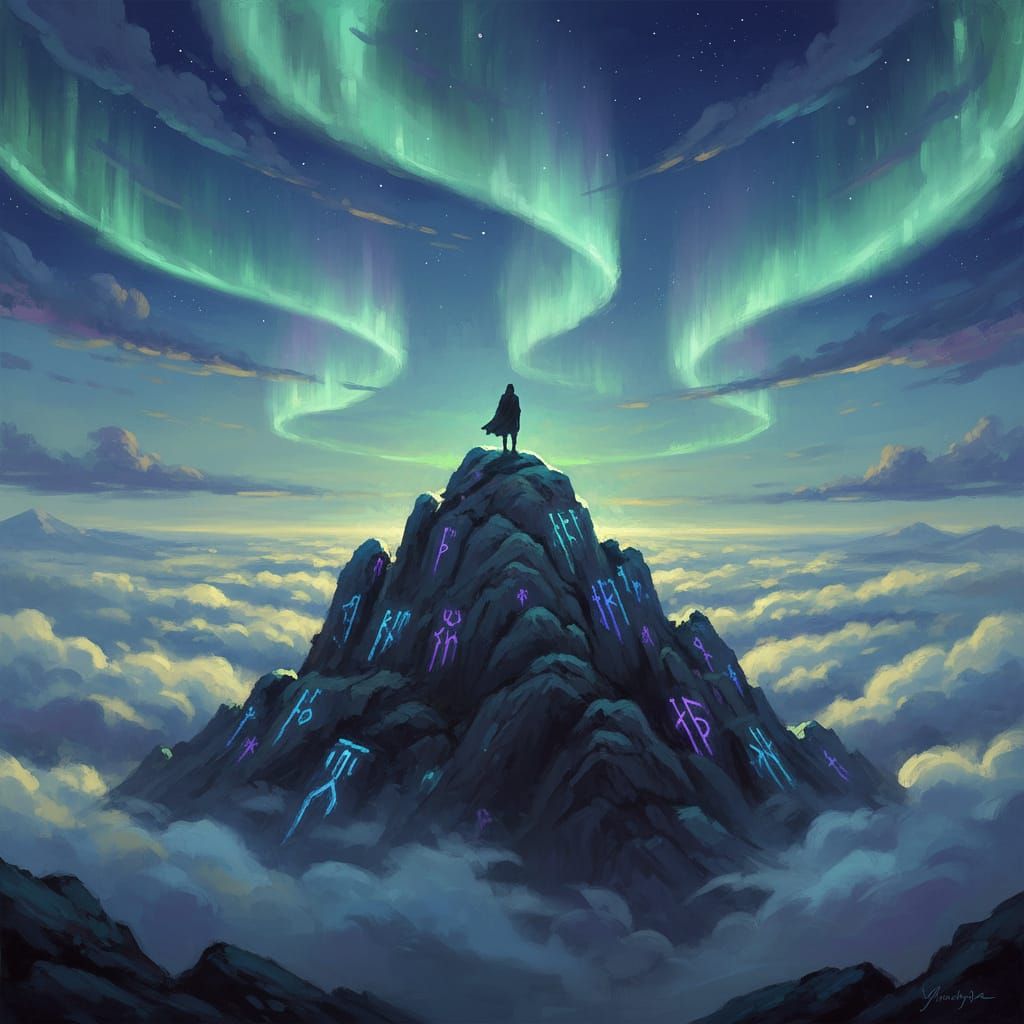 Ethereal Mountain Peak in Oil Painting Style