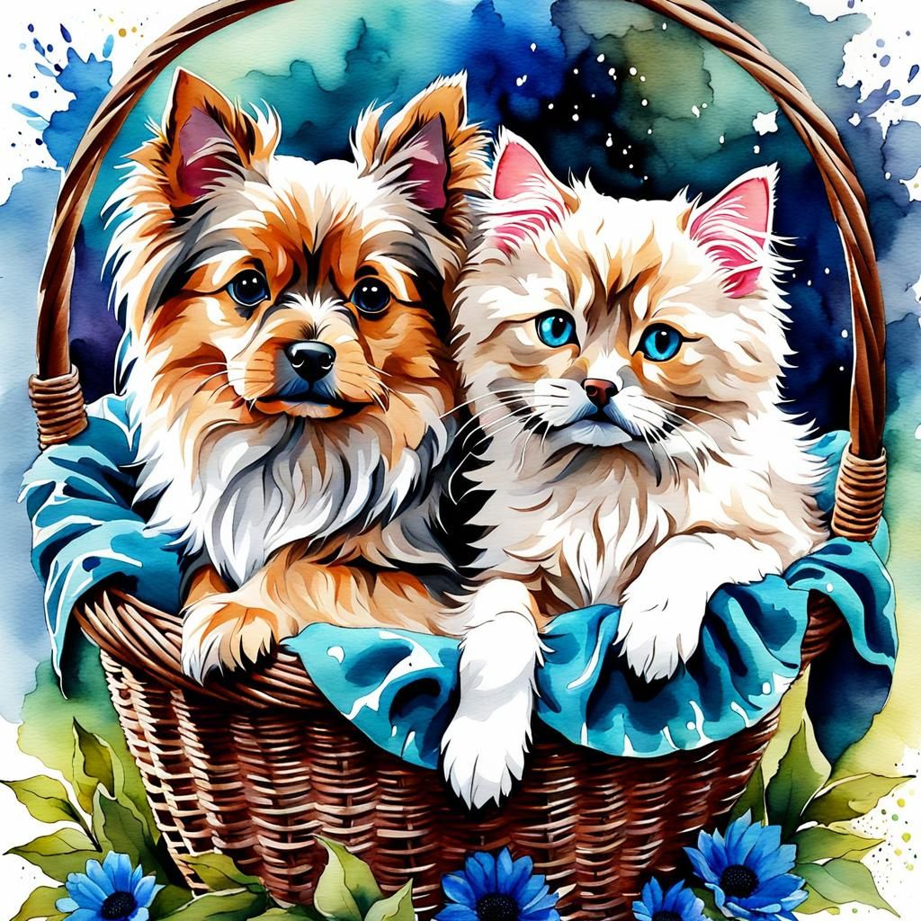 Yorkie and Ragdoll Cuddle in Watercolor