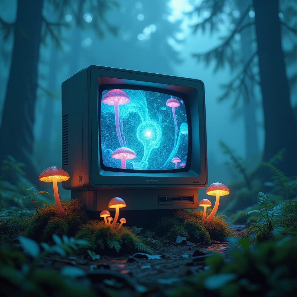 Abandoned Monitor in Misty Forest with Bioluminescent Fungi