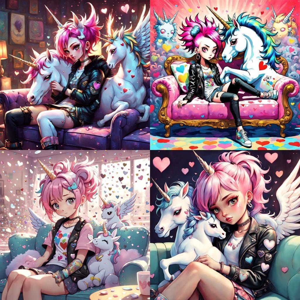 Punk Rock Girl Cuddles Unicorn in Whimsical Home Scene