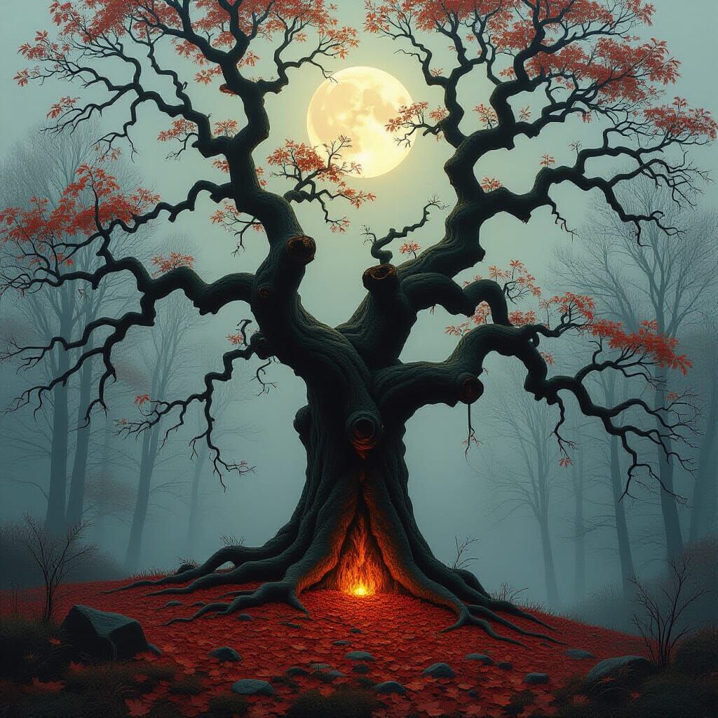 Ancient Oak in Misty Autumn Forest Under Pale Moon