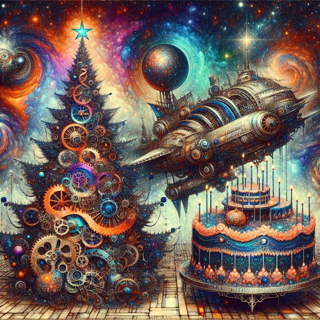 Steampunk Christmas Tree and Birthday Cake in a Cosmic Setti...