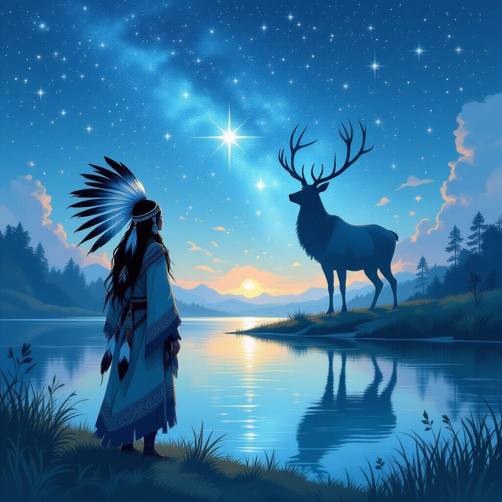 Shaman and Stag by Serene Lake Under Starry Night Sky