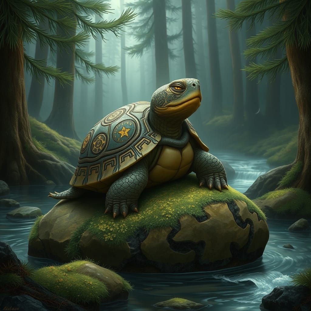 Wise Rune Turtle Meditating in Tranquil Forest