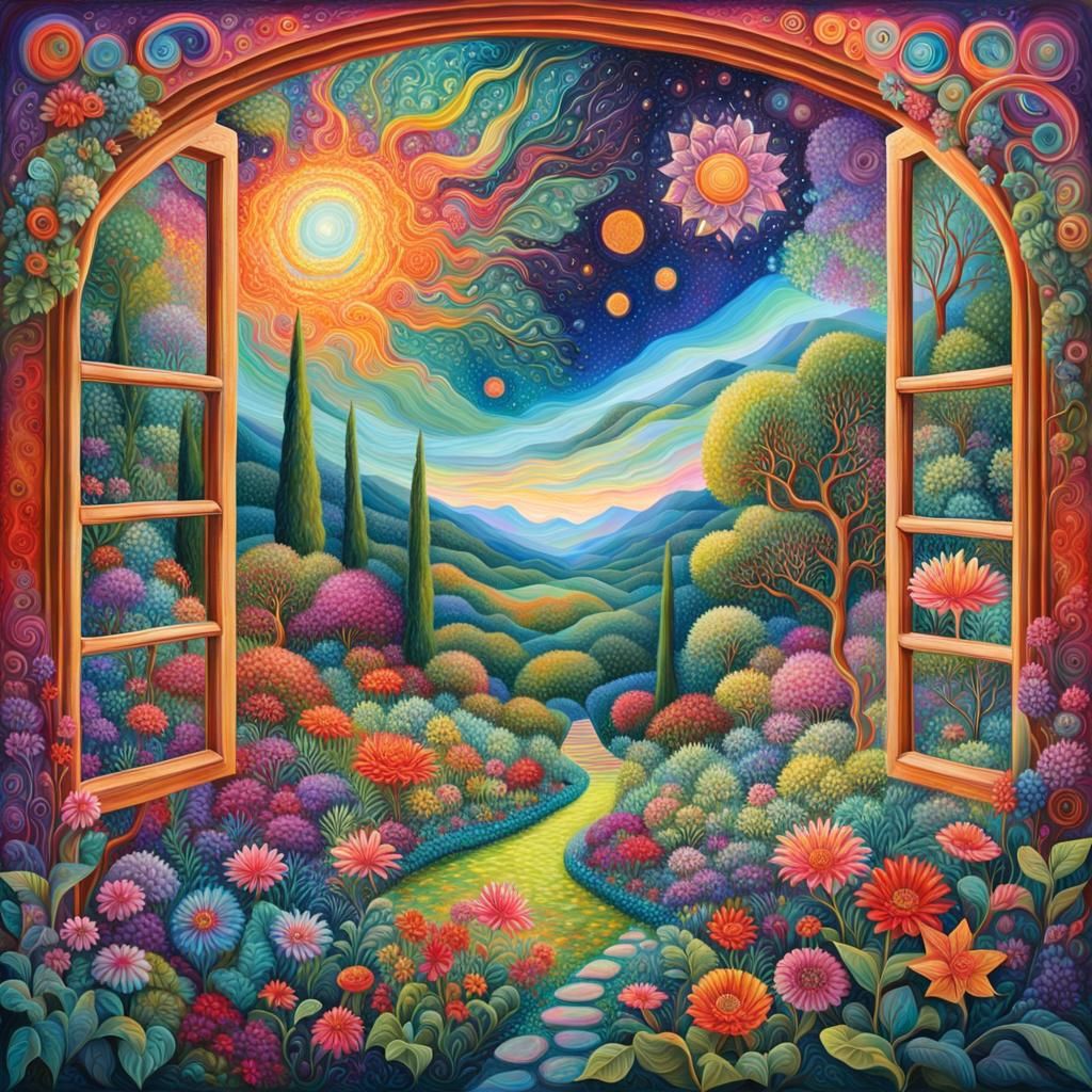 Astral Garden Through French Windows: Cosmic Illustration