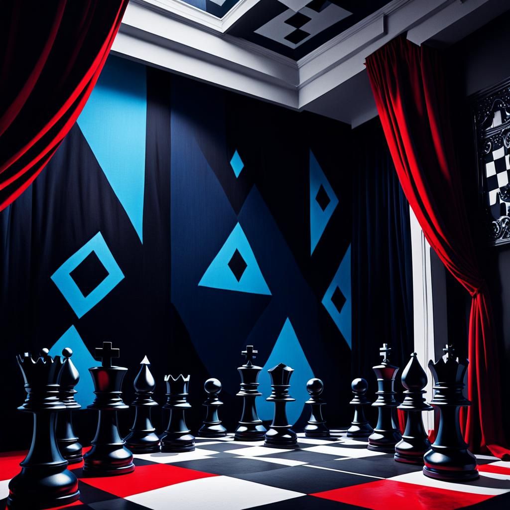 German Expressionist Chess Scene with Starry Night