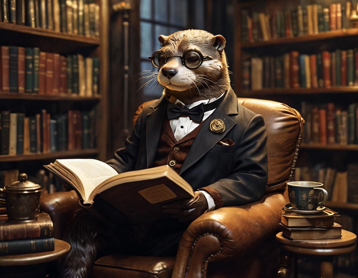 Steampunk Otter Reading in Cozy Library