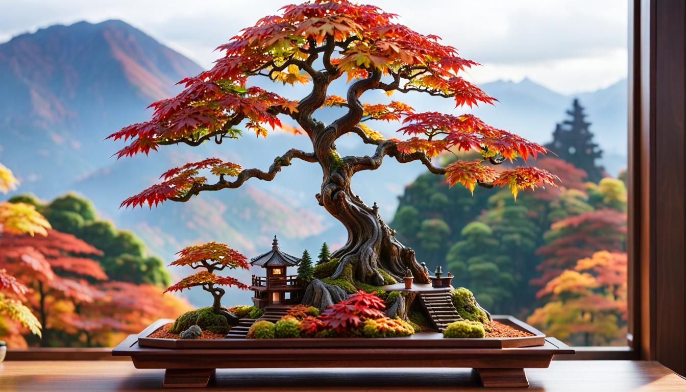 Miniature Treehouse with Autumn Bonsai in Hyperrealism