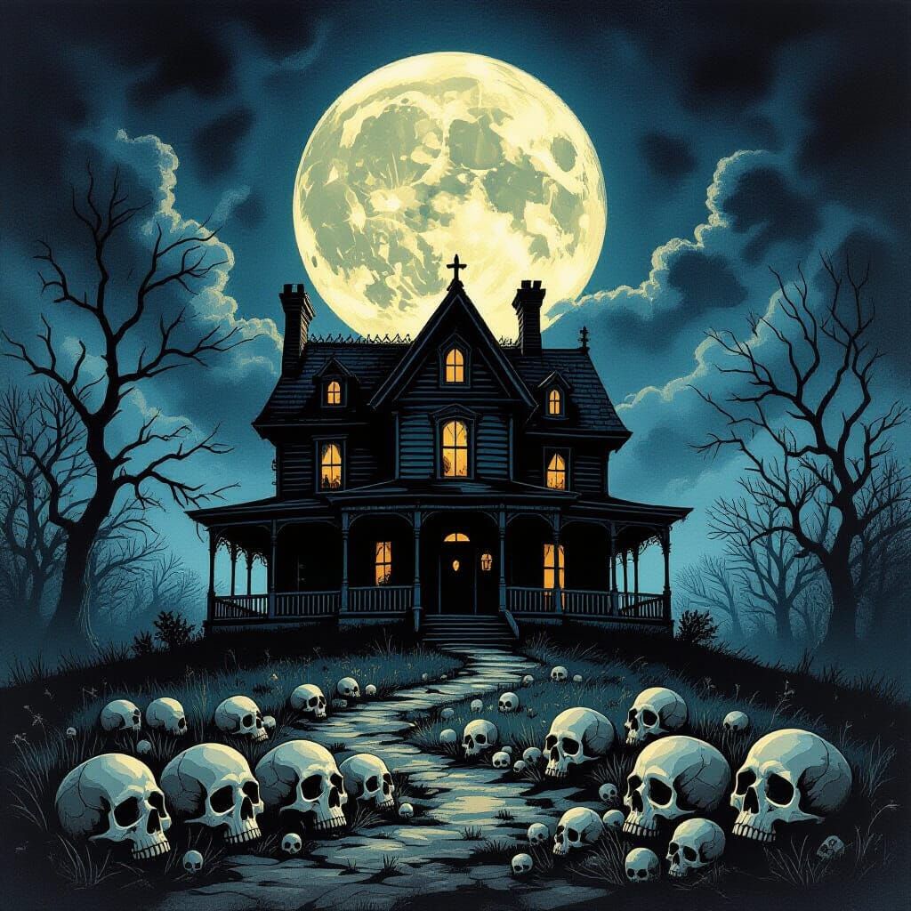 Haunted House Under Full Moon With Skulls