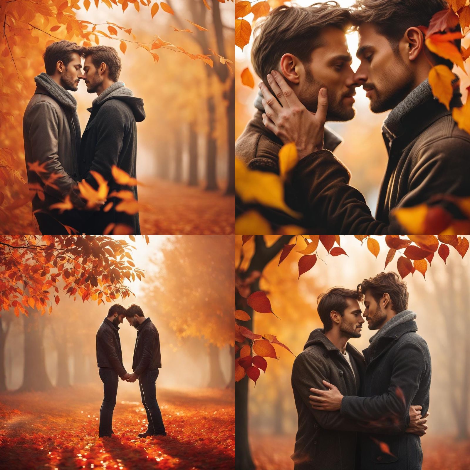 Two handsome men in love embracing on an autumn morning oran...