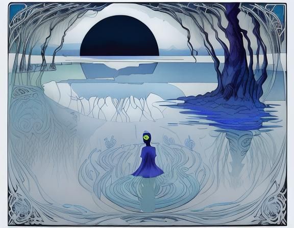 Eerie Lake Landscape in Bilibin-Inspired Ink Drawing