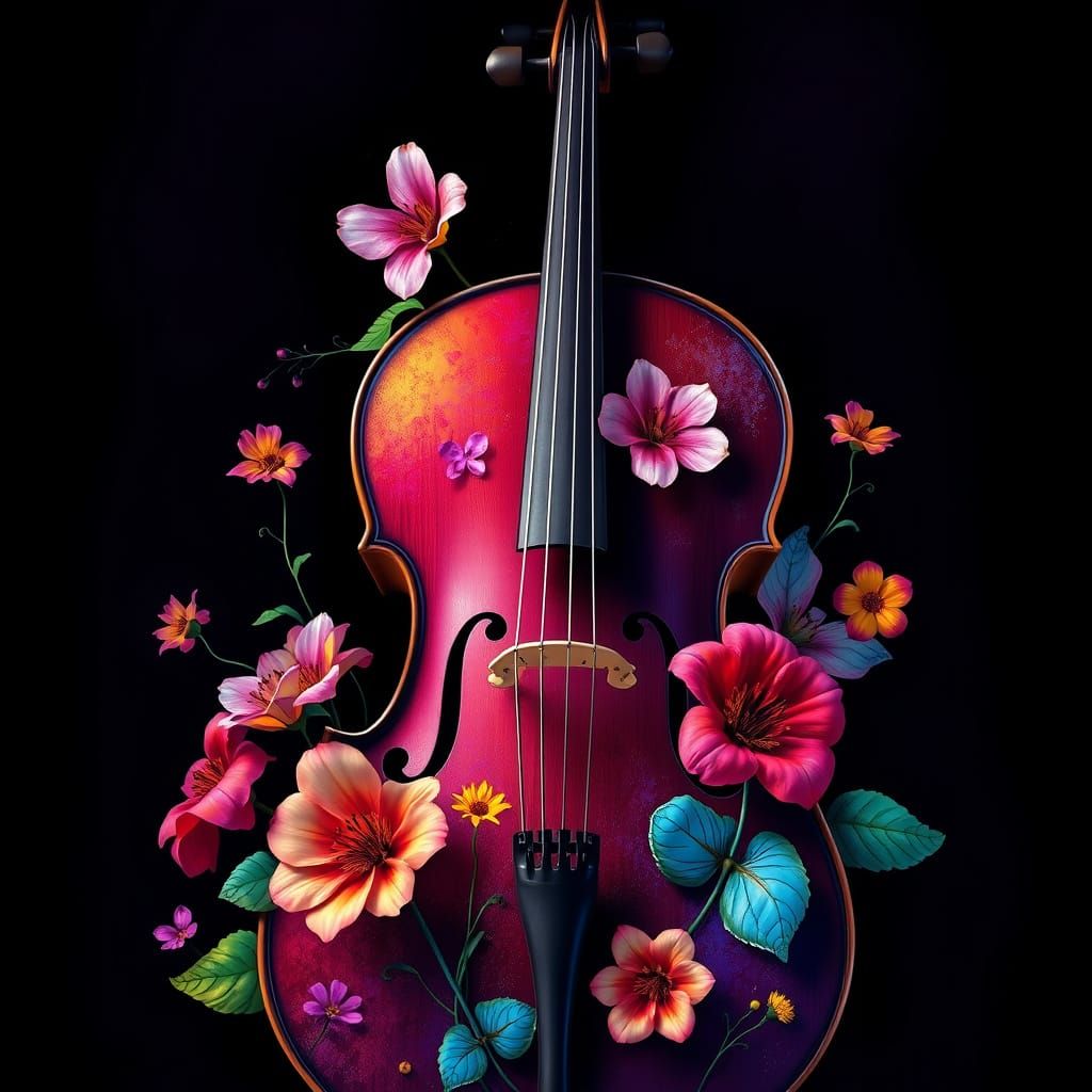 Vibrant Cello Blossoms in Dark Dreamscape
