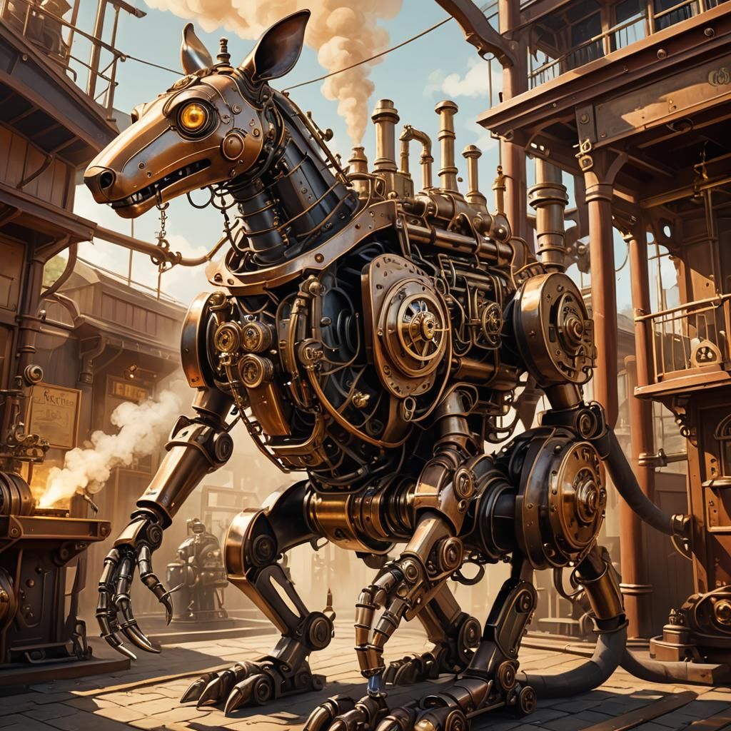Steampunk Robot Kangaroo at Vintage Zoo Illustration